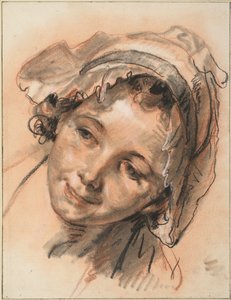 Hoofd van lachend meisje door Jean Baptiste Greuze