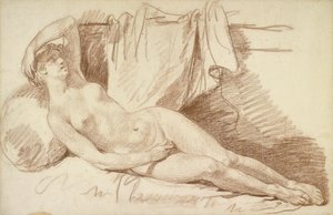 Liggend vrouwelijk naakt: Studie voor "Aegina bezocht door Jupiter". door Jean Baptiste Greuze