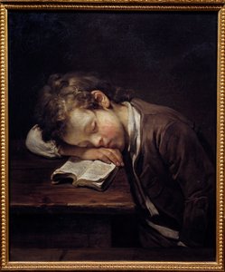 De luie kleine. Portret van een jonge jongen die op zijn boek sliep