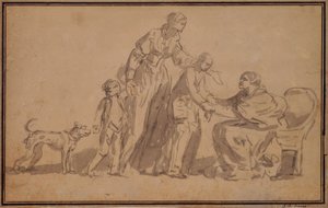 Twee kinderen en moeder verwelkomd door een oude verpleegster door Jean Baptiste Greuze