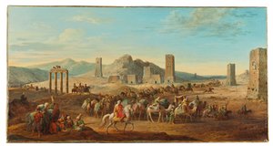 Twee caravans bij de ingang van de vallei die naar Palmyra leidt door Jean Baptiste Hilair