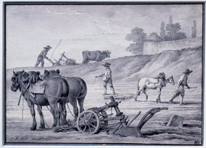 Landbouw: ploegscène. Tekening door Jean Baptiste Huet (1745-1811) 18e eeuw. Parijs, Louvre Museum