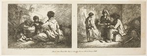 Kinderen met hond en schapen en boerenfamilie bij het vuur