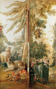 Salon van de prentmaker Gilles Demarteau, twee panelen 1. hond en schaap 2. geplante sinaasappelboom met pikkende duiven