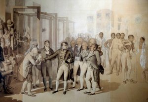 Napoleon Bonaparte, Eerste Consul, bezoekt de fluweelfabriek van de gebroeders Sevene in Rouen, november 1802 door Jean Baptiste Isabey