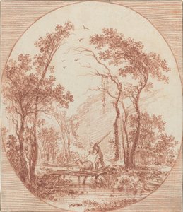 Een boer en een schaap steken een rustieke brug over door Jean Baptiste Le Prince