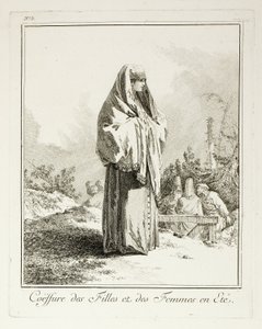 Hoofdtooi voor meisjes en vrouwen in de zomer, plaat drie uit Diverse Kledij van de Volkeren van het Noorden door Jean Baptiste Le Prince