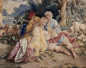Dans, gordijn van Russische spelen, detail van de luitspeler aan de rechterkant