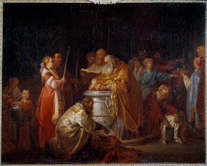 Russische doop Een orthodoxe priester doopt een kind in aanwezigheid van zijn ouders. Schilderij door Jean Baptiste Leprince (1733-1781) 1765