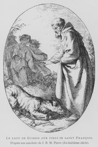 De Wolf van Gubbio aan de voeten van St. Franciscus van Assisi (litho) door Jean Baptiste Marie (after) Pierre