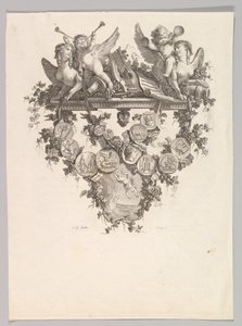 Vignet met sfinxen en putti door Jean Baptiste Marie Huet