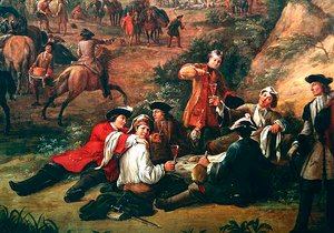 Groep soldaten die drinken, detail van Uitzicht op het hoofdkwartier van de Prins van Conti tussen San Sebastian en Hondarribia, juni 1719 (detail)