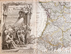Kaart van Guyenne en Gascogne, met een portret van Lodewijk XIV omringd door allegorische figuren door Jean Baptiste Nolin