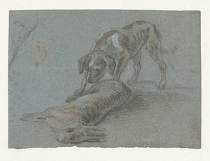 Hond bij een geschoten haas door Jean Baptiste Oudry (possibly)