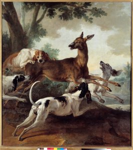 Hert achtervolgd door honden. Jachtscène. Schilderij door Jean Baptiste Oudry (1686-1755)
