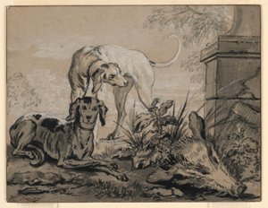 Tekening, Na de jacht: twee honden naast een zwijnskop, 1740 door Jean Baptiste Oudry