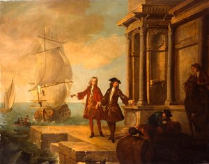 Europese kooplieden met sjouwers die een vat en een baal op een kade hanteren door Jean Baptiste Oudry