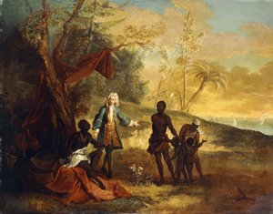 Uit de Vier Delen van de Wereld - Afrika: Een Europese Handelaar die Ruilt met een Zwarte Hoofdman, 1724