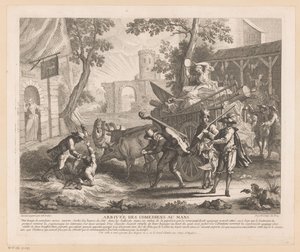 Gezelschap arriveert bij een herberg door Jean Baptiste Oudry