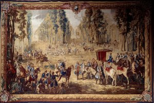 Wandtapijt met de jachten van Lodewijk XVI: de ontmoeting bij het kruispunt van de Koningsput in het bos van Compiegne