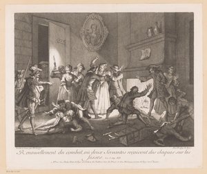Interieur met groep vechtende mensen