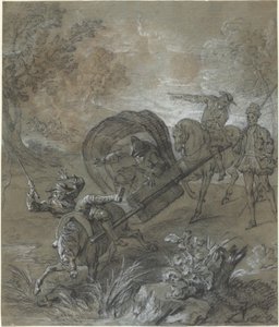 La Rancune op een brancard, neergeslagen in de modder door Jean Baptiste Oudry