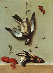 Stilleven met drie dode vogels, aalbessen, kersen en insecten