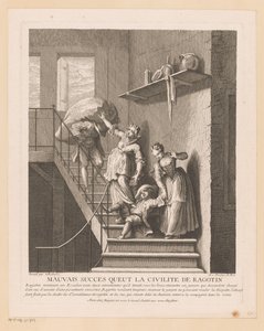 Ragotin met twee dames op een trap door Jean Baptiste Oudry