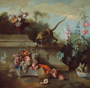 Stilleven met Aap, Vruchten en Bloemen, 1724 door Jean Baptiste Oudry