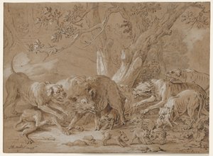 Wilde zeug en haar jongen aangevallen door honden, 1748 door Jean Baptiste Oudry