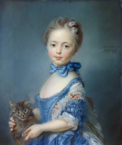 Portret van het meisje met de kat. Schilderij in pastel door Jean-Baptiste Perroneau (Jean Baptiste Perronneau) (1715-1783)