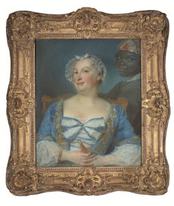Portret van een vrouw in blauwe jurk en haar zwarte dienaar door Jean Baptiste Perronneau