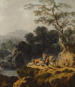 Een rivierdal landschap met herders en reizigers door Jean Baptiste Pillement