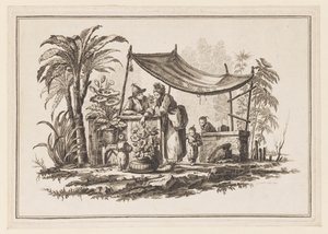 Figuren met een vaas bloemen, uit "Nouveau Cahier de Six Feuilles De Différents Sujets Chinois Historiés" door Jean Baptiste Pillement