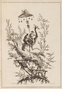 Struisvogelrijders, plaat uit een set van chinoiserie voorstellingen