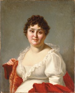 Portret van Madame Regnault, buste-lengte, in een witte jurk en persimmon sjaal