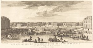 Uitzicht op de stallen van Versailles vanaf het tweede hek door Jean Baptiste Rigaud