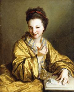 Een Jonge Dame, Gekleed in een Gele Gewaad, Zittend aan een Tafel, Wenkt