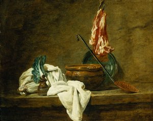 Bieten, een Specerijendoos, een Vaatdoek, een Pot, een Geglazuurd Aardewerken Bord, een Schuimspaan, met Vlees aan een Haak, op een Richel, 1734