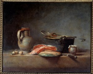 Koperen pot, schuimspaan, kruik en zalmmoot. Stilleven door Jean Baptiste Simeon Chardin