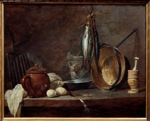 Menu van mager en keukengerei. Stilleven door Jean Baptiste Simeon Chardin