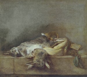 Stilleven met konijnen, een jachtzak en een kruithoorn, ca. 1755