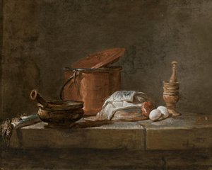 Prei, een braadpan met een doek, een koperen pot en deksel, een ui en eieren met een stamper en vijzel, op een stenen richel door Jean Baptiste Simeon Chardin