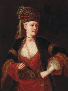 Een dame, driekwart lengte, in oosterse kleding door Jean Baptiste Vanmour