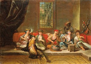 Griekse zeelieden die feestvieren in een interieur door Jean Baptiste Vanmour