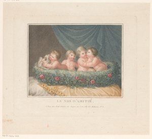 Vier putti met een hond in een mand van rozen op een kussen
