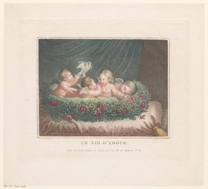 Vier putti met twee duiven in een mandje van rozen op een kussen