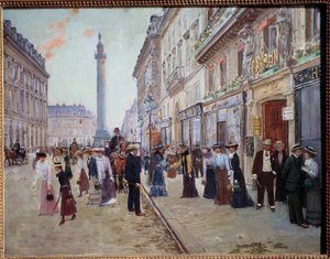 Uitgang van de arbeiders van het Paquin-huis rue de la Paix (Place Vendome met de kolom)