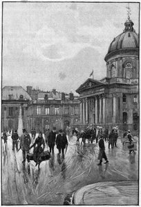 Parijse scène in de 19e eeuw: de linkeroever met het Institut de France. Gravure door Florian naar het schilderij van Béraud. Eind 19e eeuw. In 