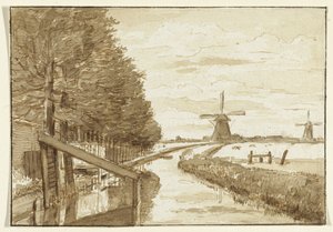 Landschap met een vaart en twee molens